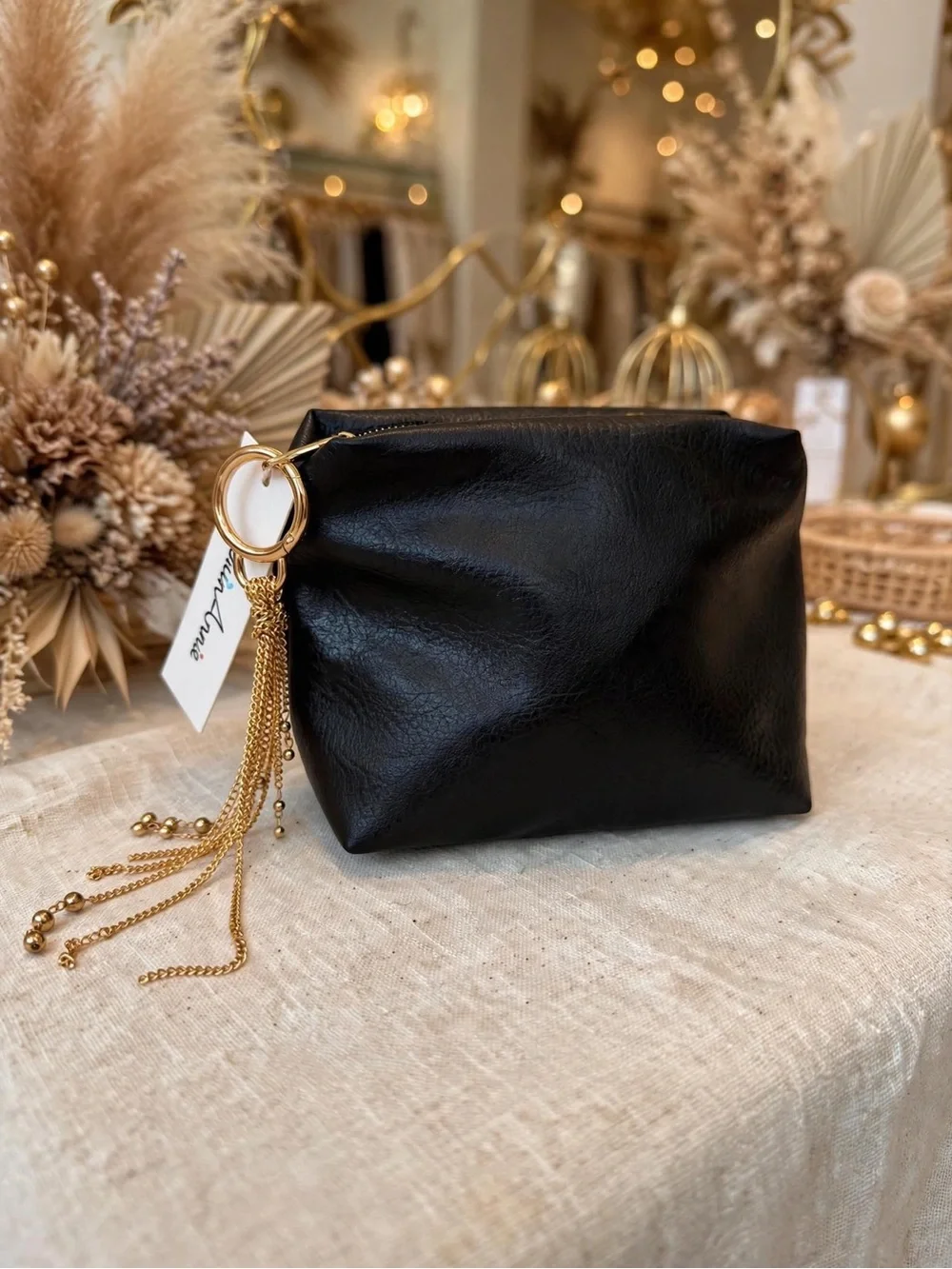 Black Leather Cosmetic Pouch with Gold Tassel